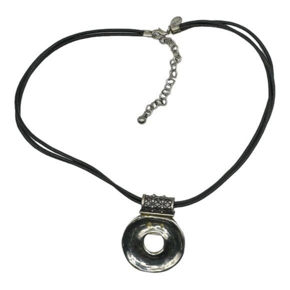 Chico’s Silver Pendant With Blue Tiger Eye Stone and Leather Necklace 11.5” Long - Picture 4 of 11